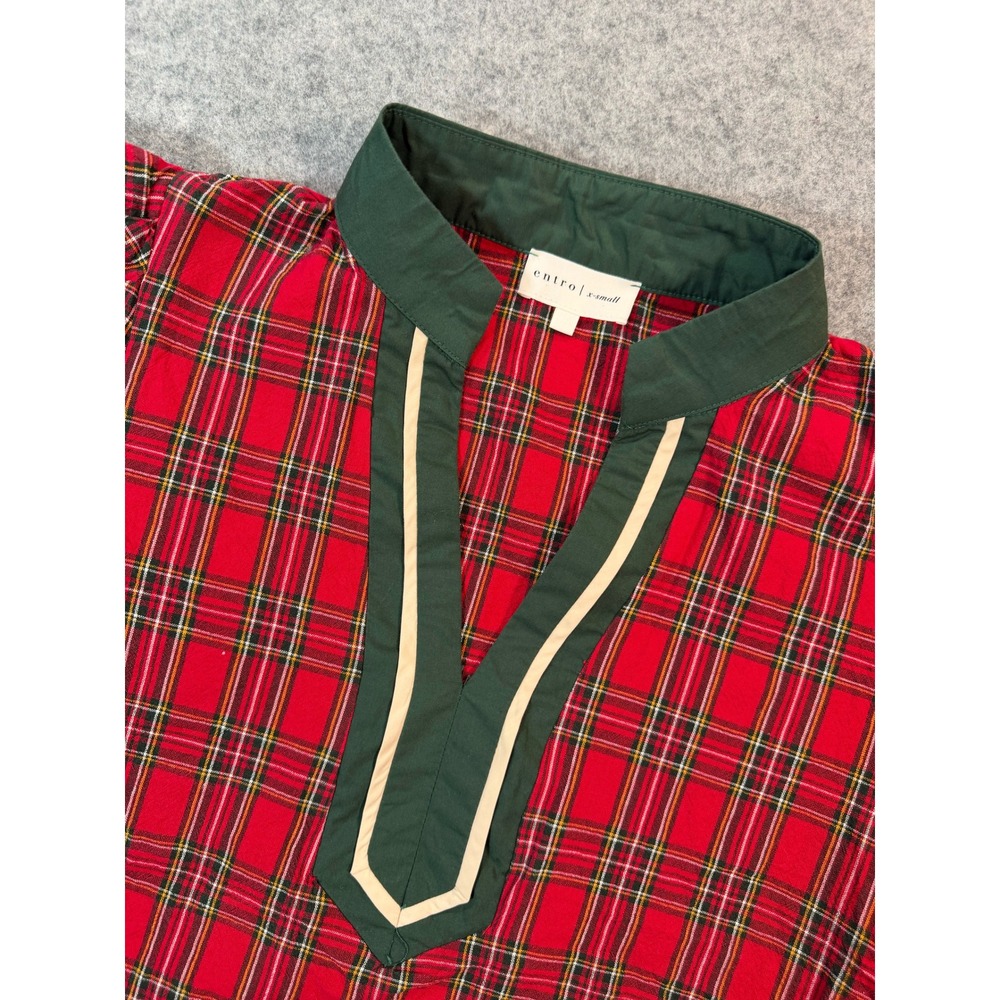 Entro Red Plaid Puff Sleeve Blouse Split Neck Tartan Top XS